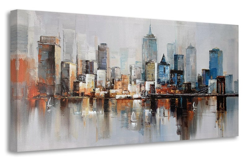 Arjun Brooklyn Bridge Wall Art Modern New York City Abstract Canvas Cityscape NY Painting Large Framed Colorful NYC Skyline Textured Picture for Living Room Bedroom Home Office Wall Decor, 48"x24" - Image 1